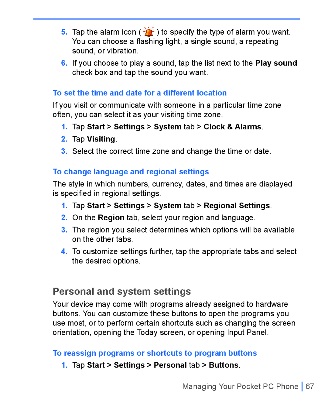 HTC WIZA100 user manual Personal and system settings, To set the time and date for a different location 