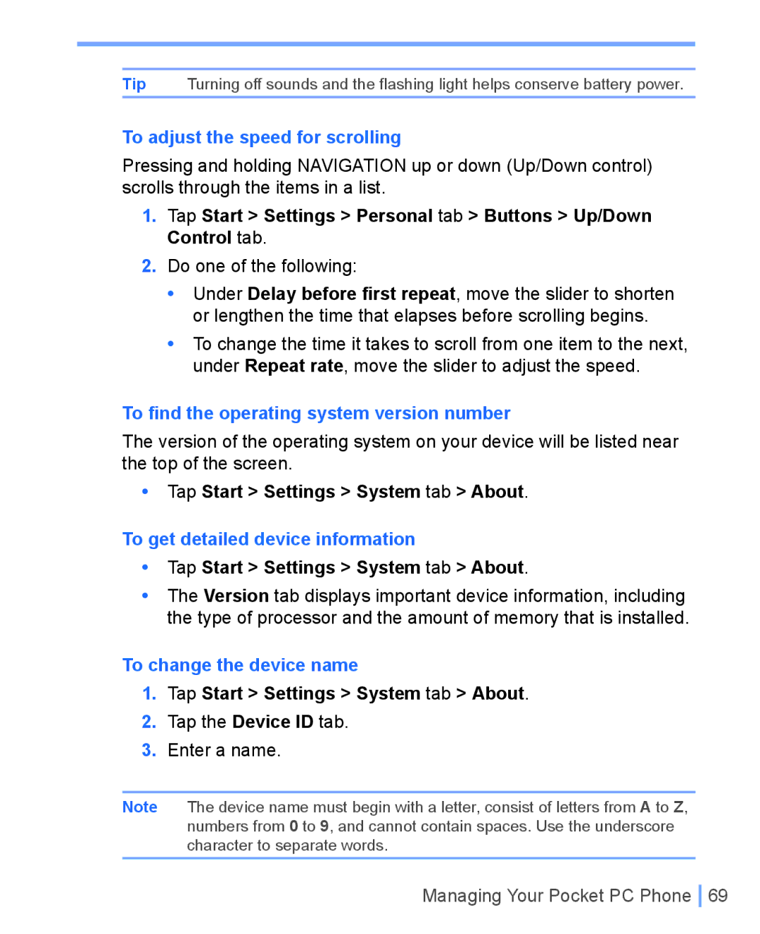 HTC WIZA100 To adjust the speed for scrolling, To ﬁnd the operating system version number, To change the device name 