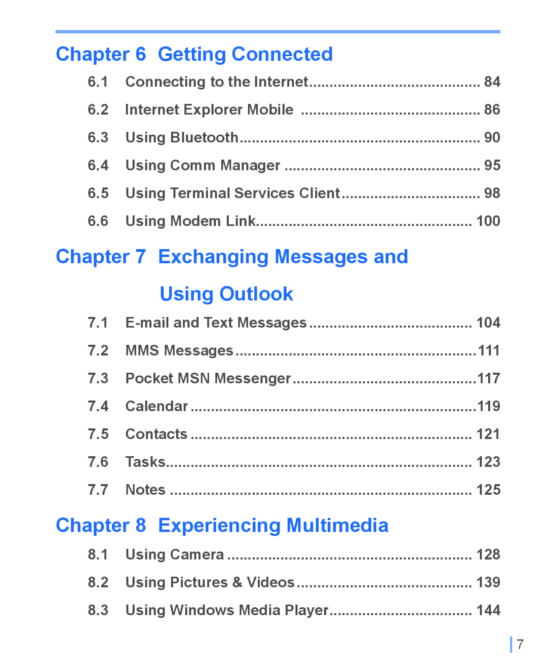 HTC WIZA100 user manual Getting Connected, Exchanging Messages Using Outlook, Experiencing Multimedia 