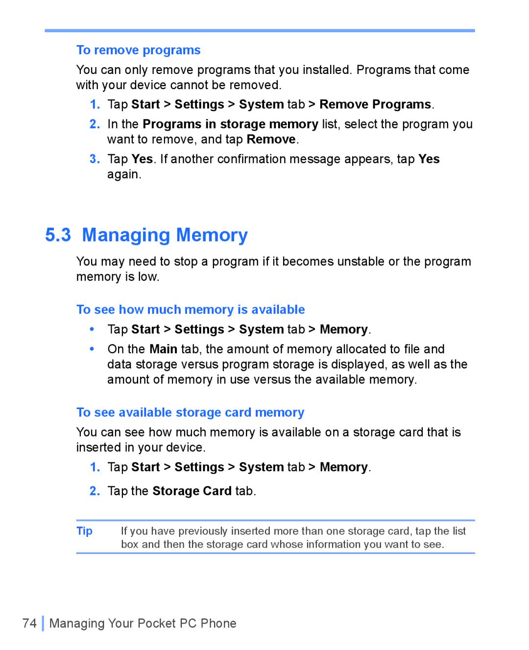 HTC WIZA100 To remove programs, Tap Start Settings System tab Remove Programs, To see how much memory is available 