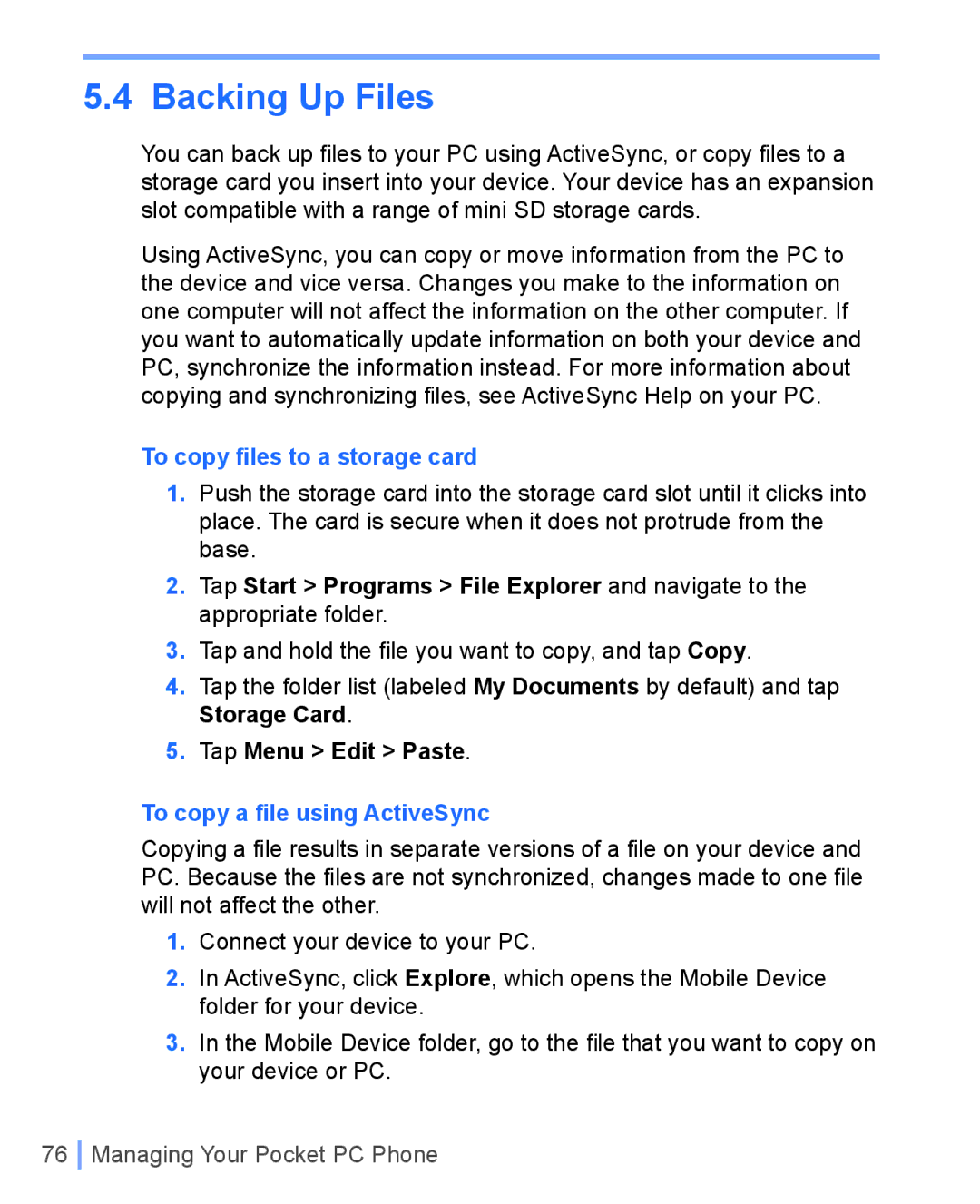 HTC WIZA100 user manual To copy ﬁles to a storage card, Tap Menu Edit Paste, To copy a ﬁle using ActiveSync 