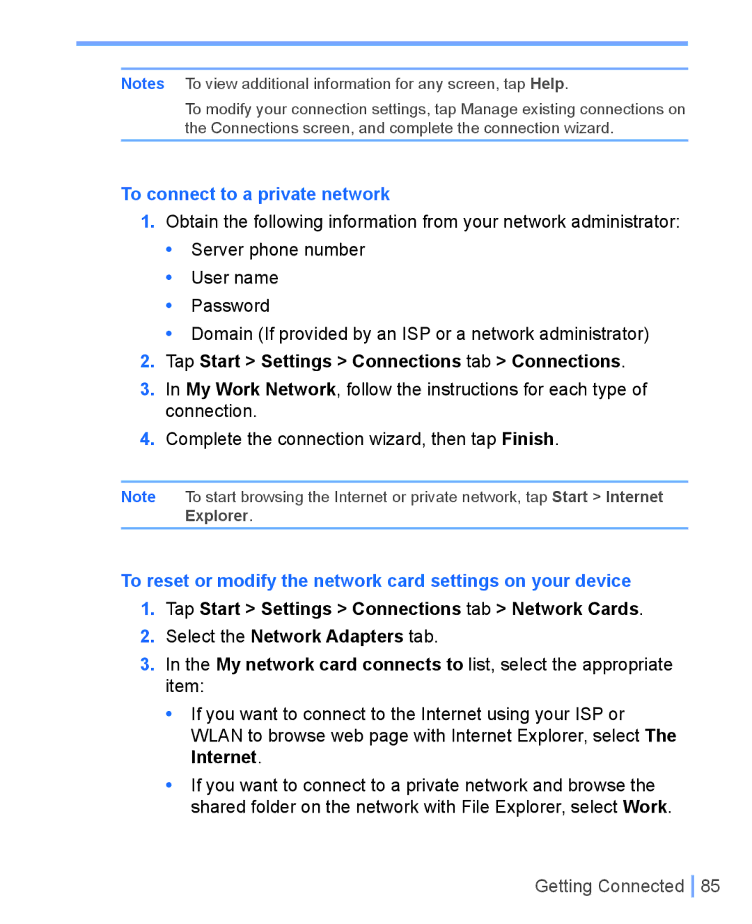 HTC WIZA100 user manual To connect to a private network, Tap Start Settings Connections tab Connections 