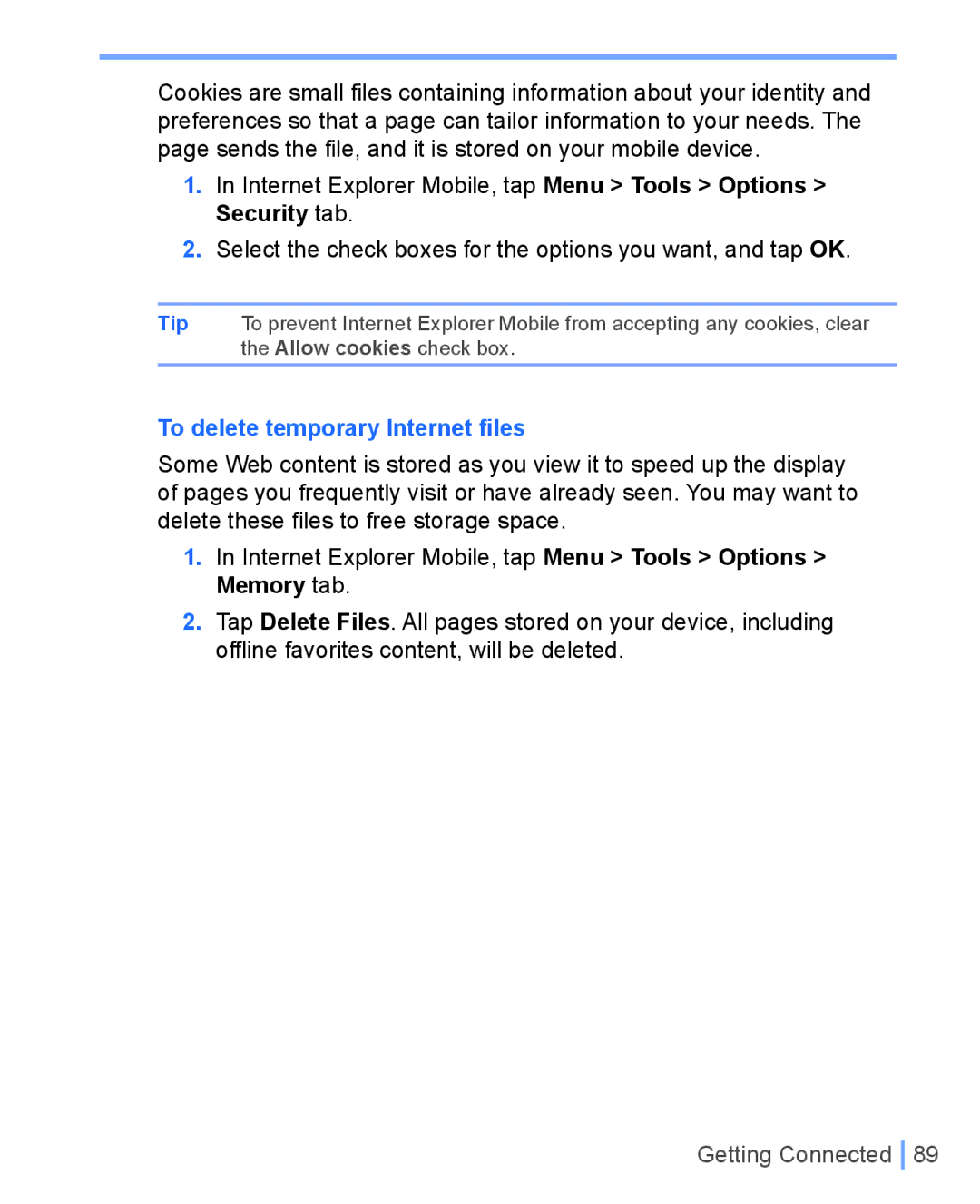 HTC WIZA100 user manual To delete temporary Internet ﬁles 