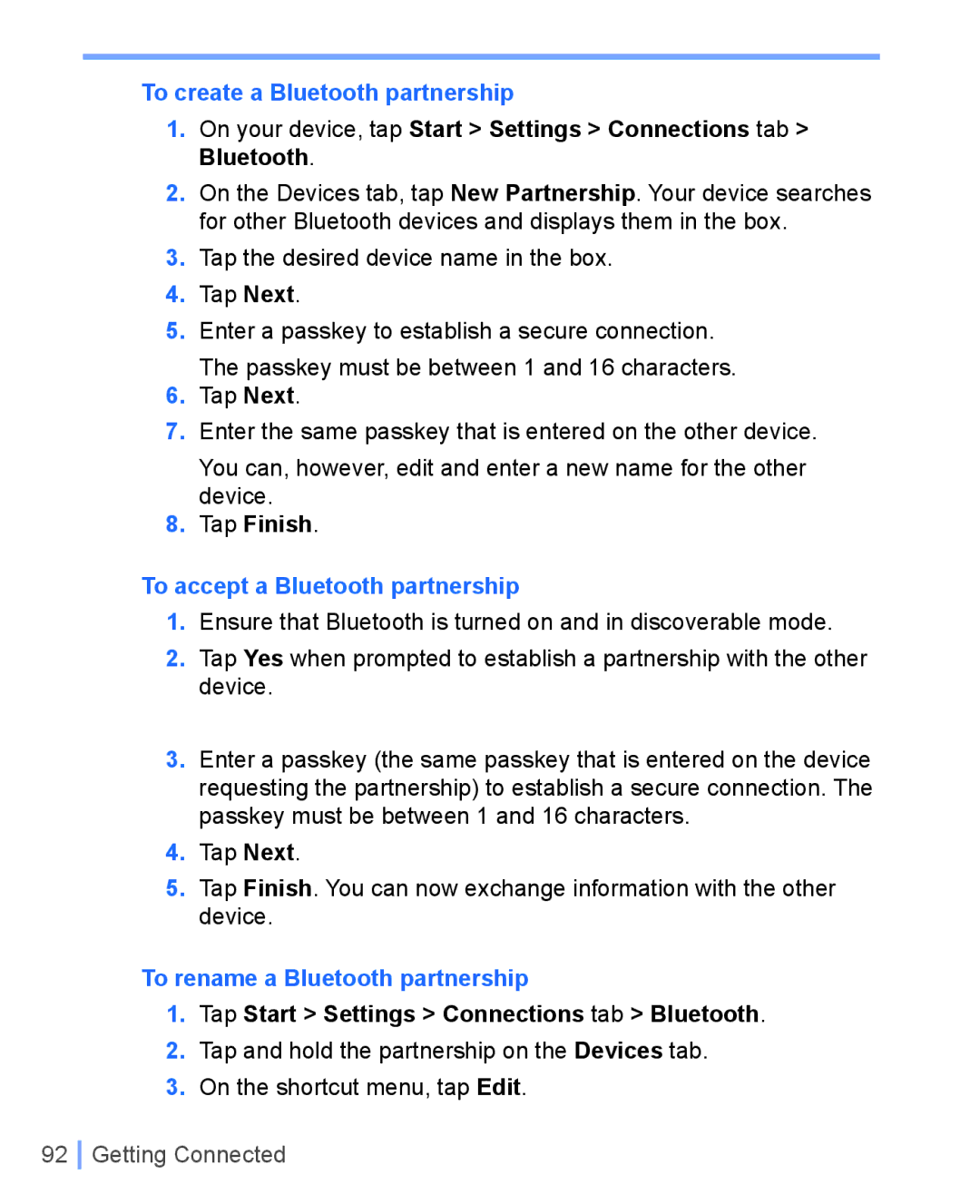 HTC WIZA100 To create a Bluetooth partnership, To accept a Bluetooth partnership, To rename a Bluetooth partnership 