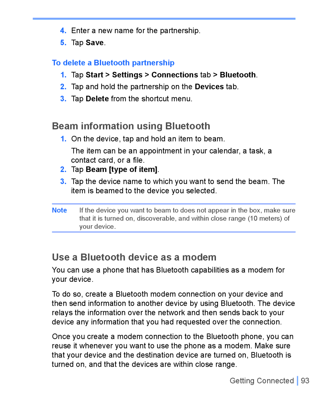 HTC WIZA100 Beam information using Bluetooth, Use a Bluetooth device as a modem, To delete a Bluetooth partnership 