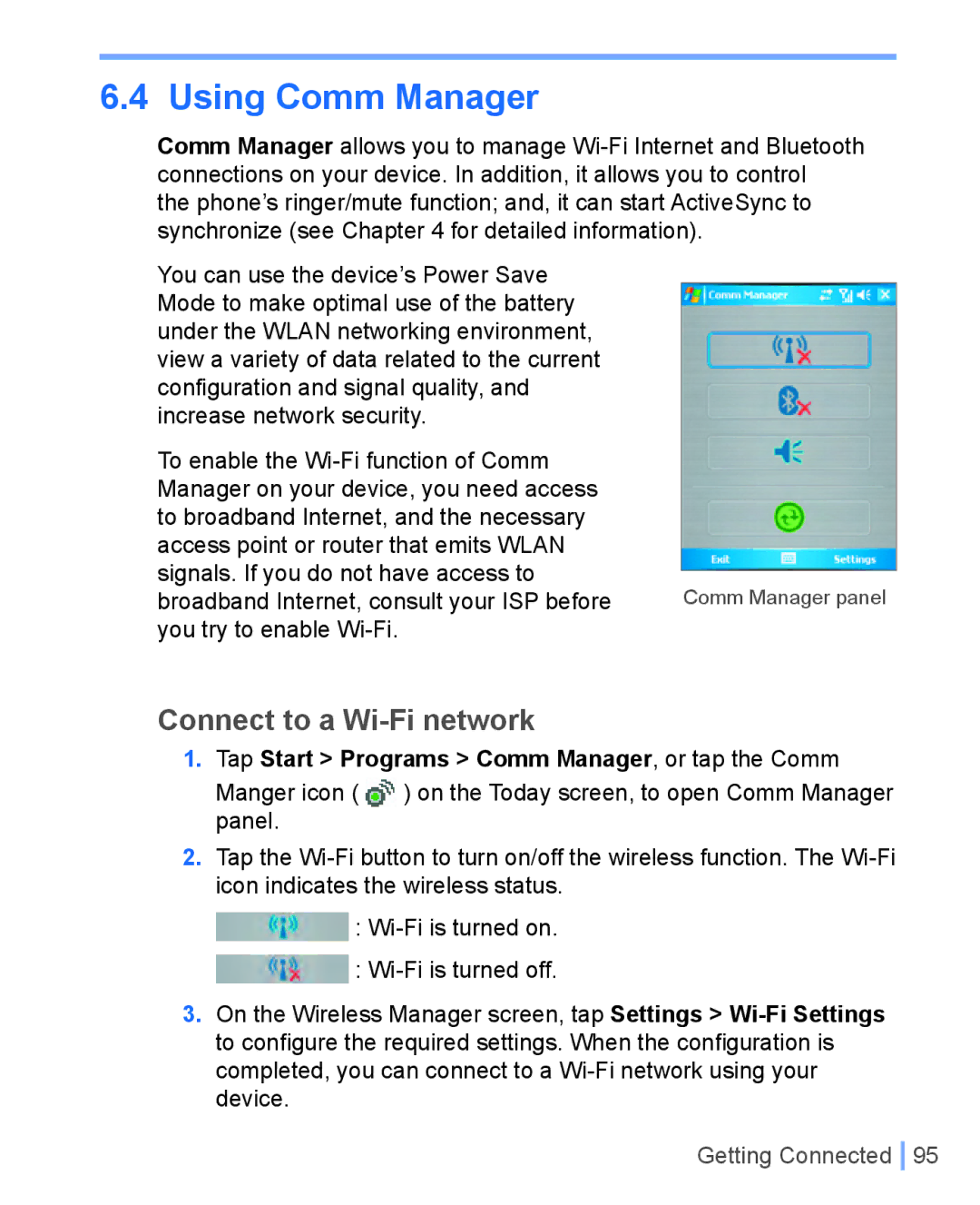 HTC WIZA100 user manual Connect to a Wi-Fi network, Tap Start Programs Comm Manager, or tap the Comm 