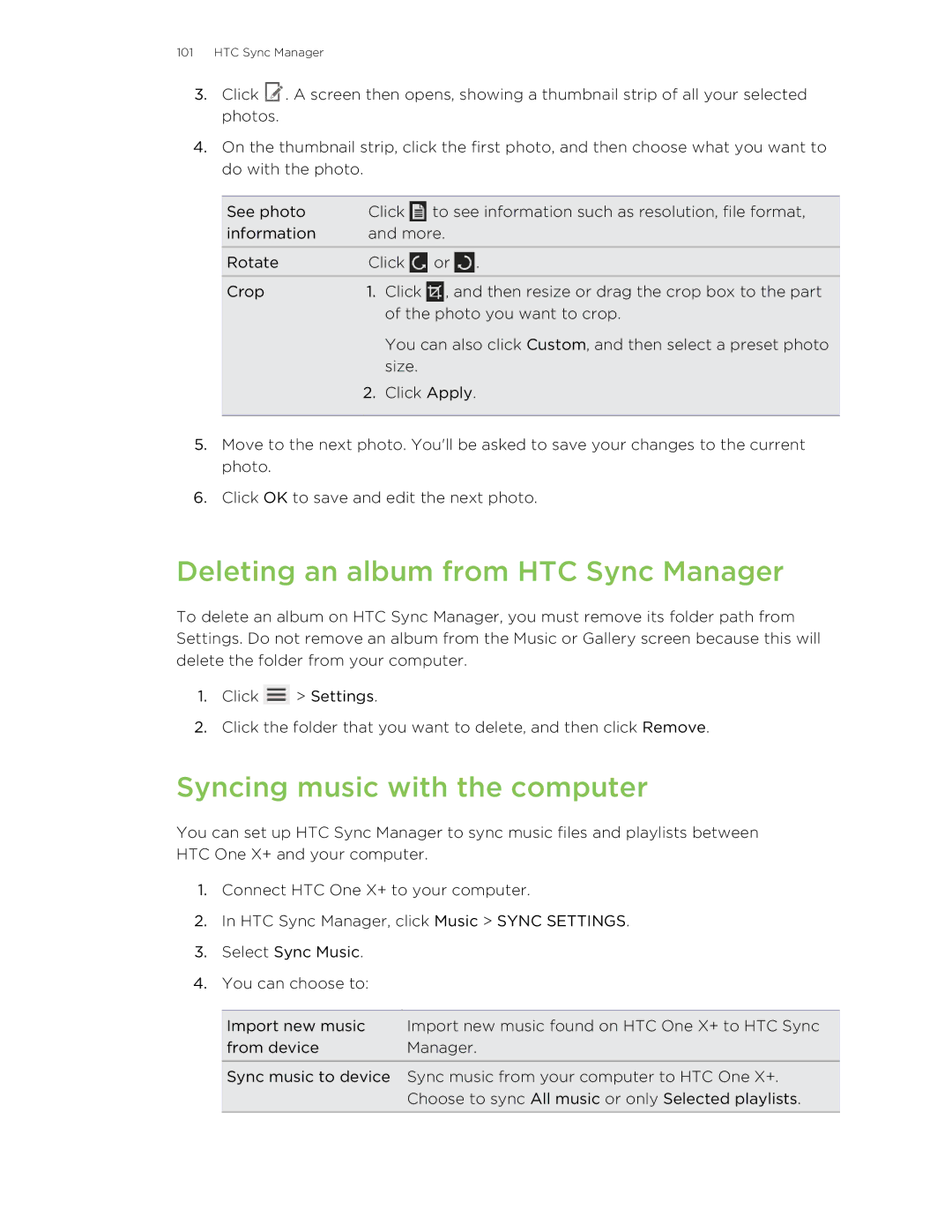 HTC X+ manual Deleting an album from HTC Sync Manager, Syncing music with the computer 