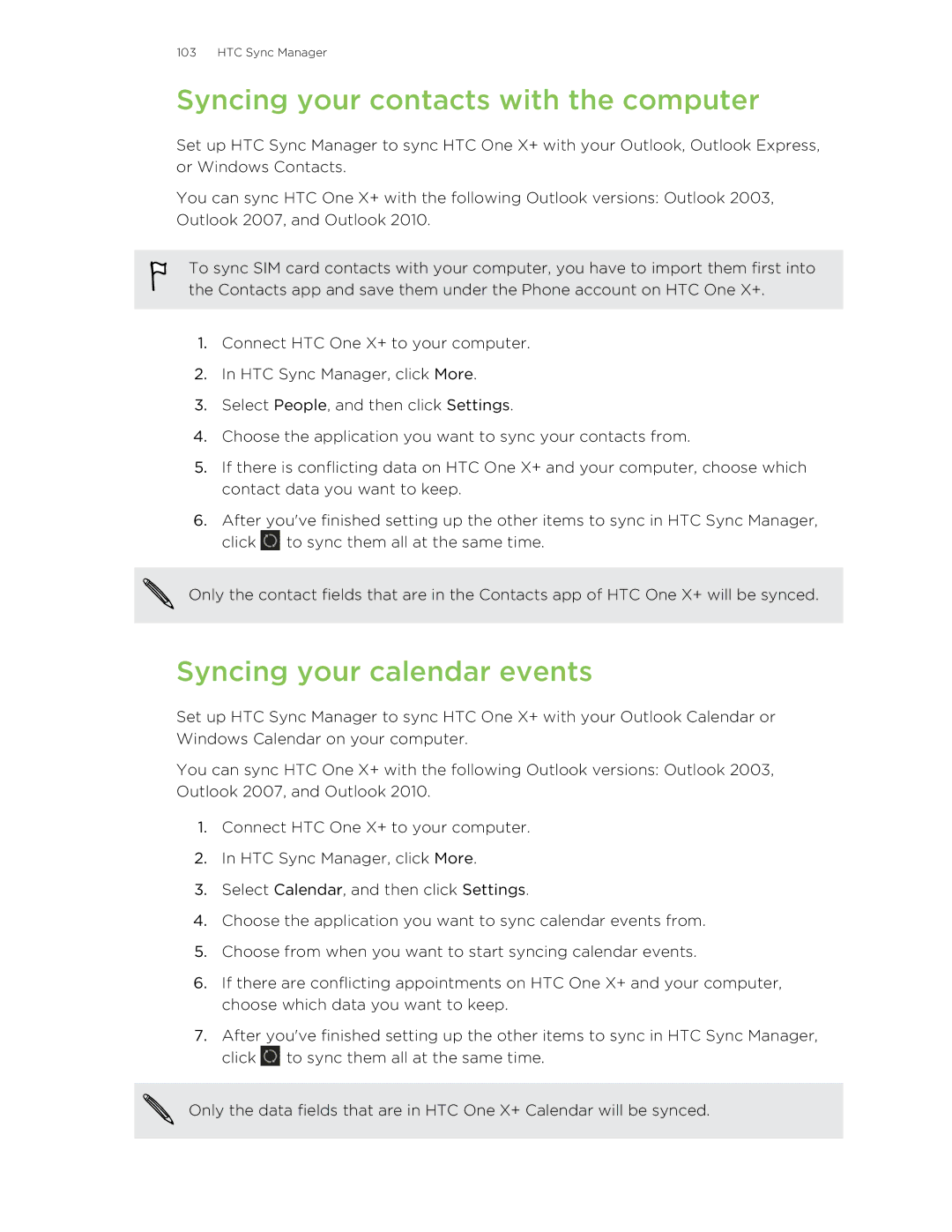 HTC X+ manual Syncing your contacts with the computer, Syncing your calendar events 