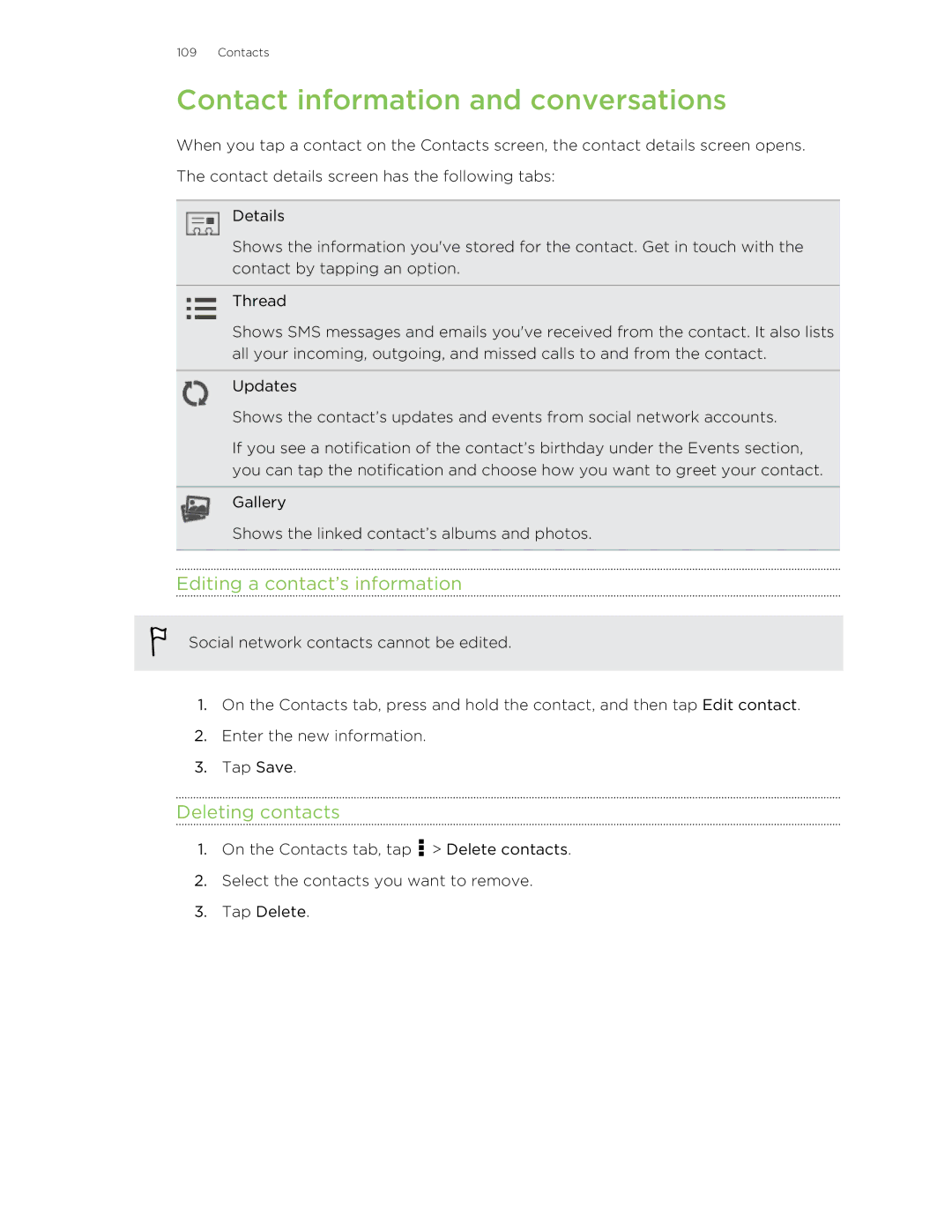 HTC X+ manual Contact information and conversations, Editing a contact’s information, Deleting contacts 