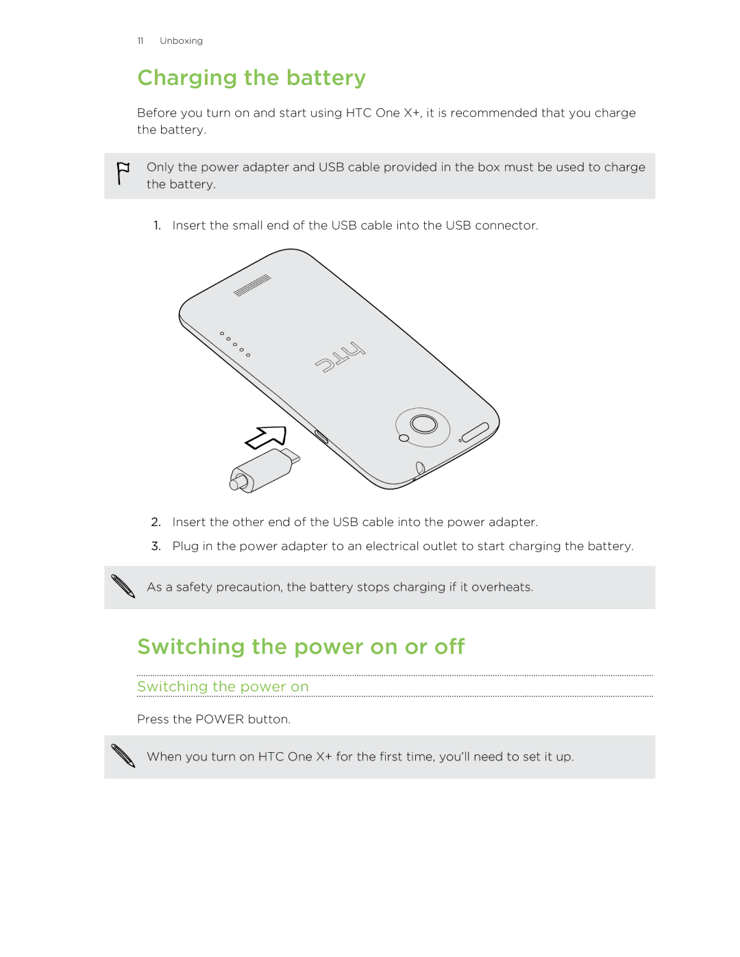 HTC X+ manual Charging the battery, Switching the power on or off 