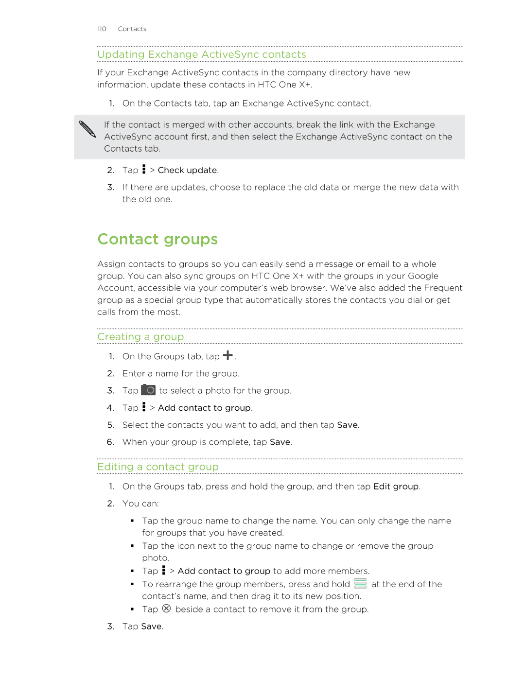 HTC X+ manual Contact groups, Updating Exchange ActiveSync contacts, Creating a group, Editing a contact group 