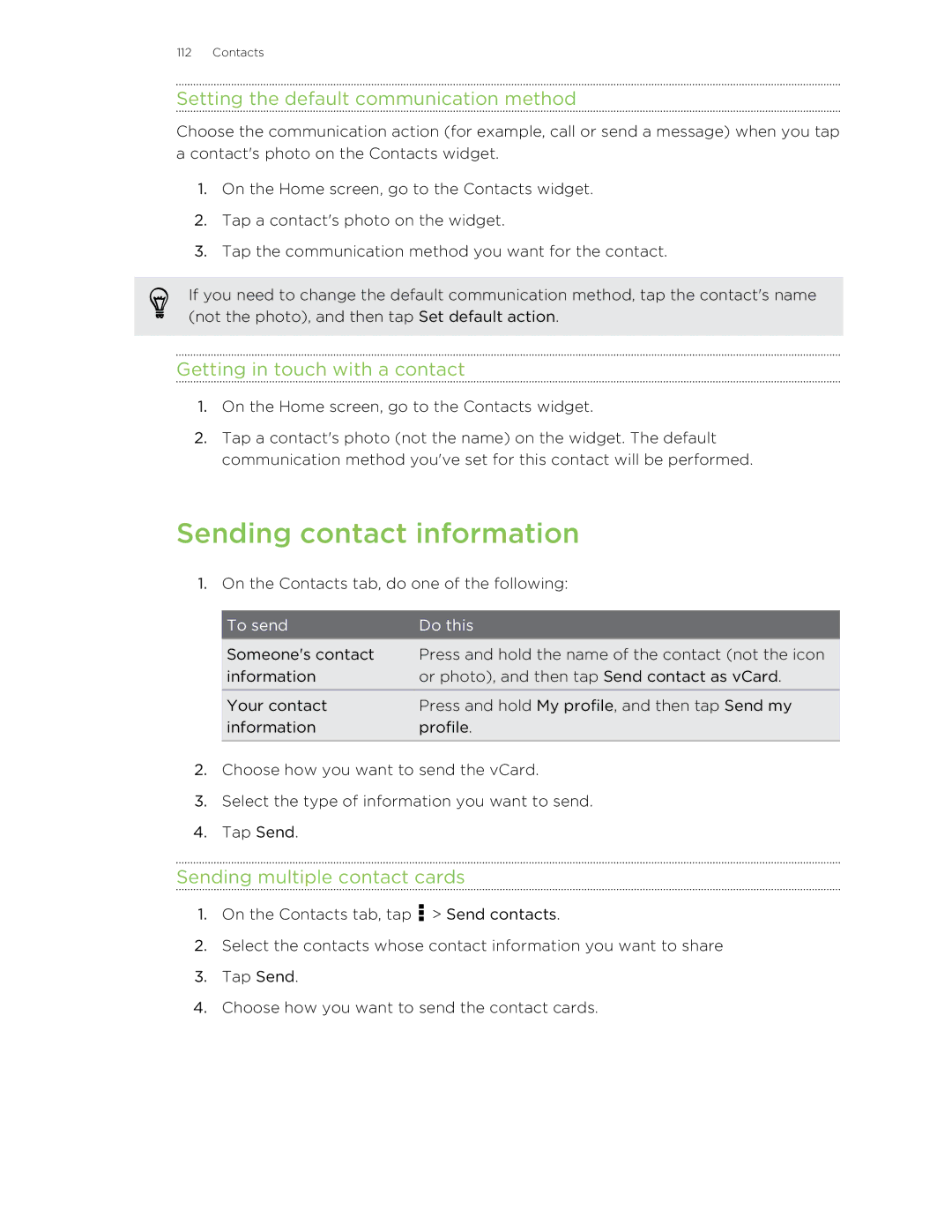 HTC X+ manual Sending contact information, Setting the default communication method, Getting in touch with a contact 