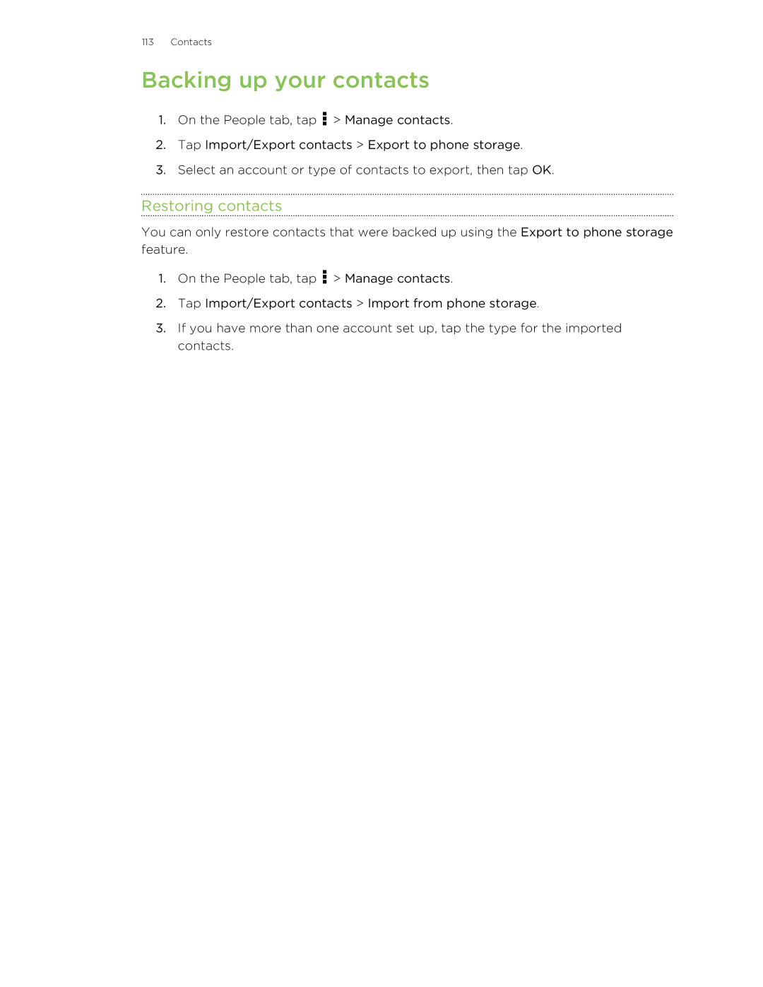 HTC X+ manual Backing up your contacts, Restoring contacts 