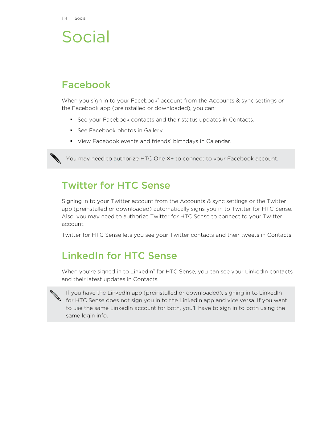 HTC X+ manual Social, Facebook, Twitter for HTC Sense, LinkedIn for HTC Sense 