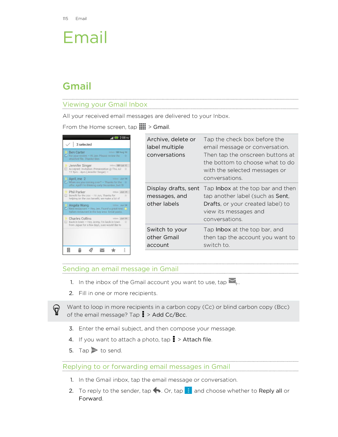 HTC X+ Viewing your Gmail Inbox, Sending an email message in Gmail, Replying to or forwarding email messages in Gmail 