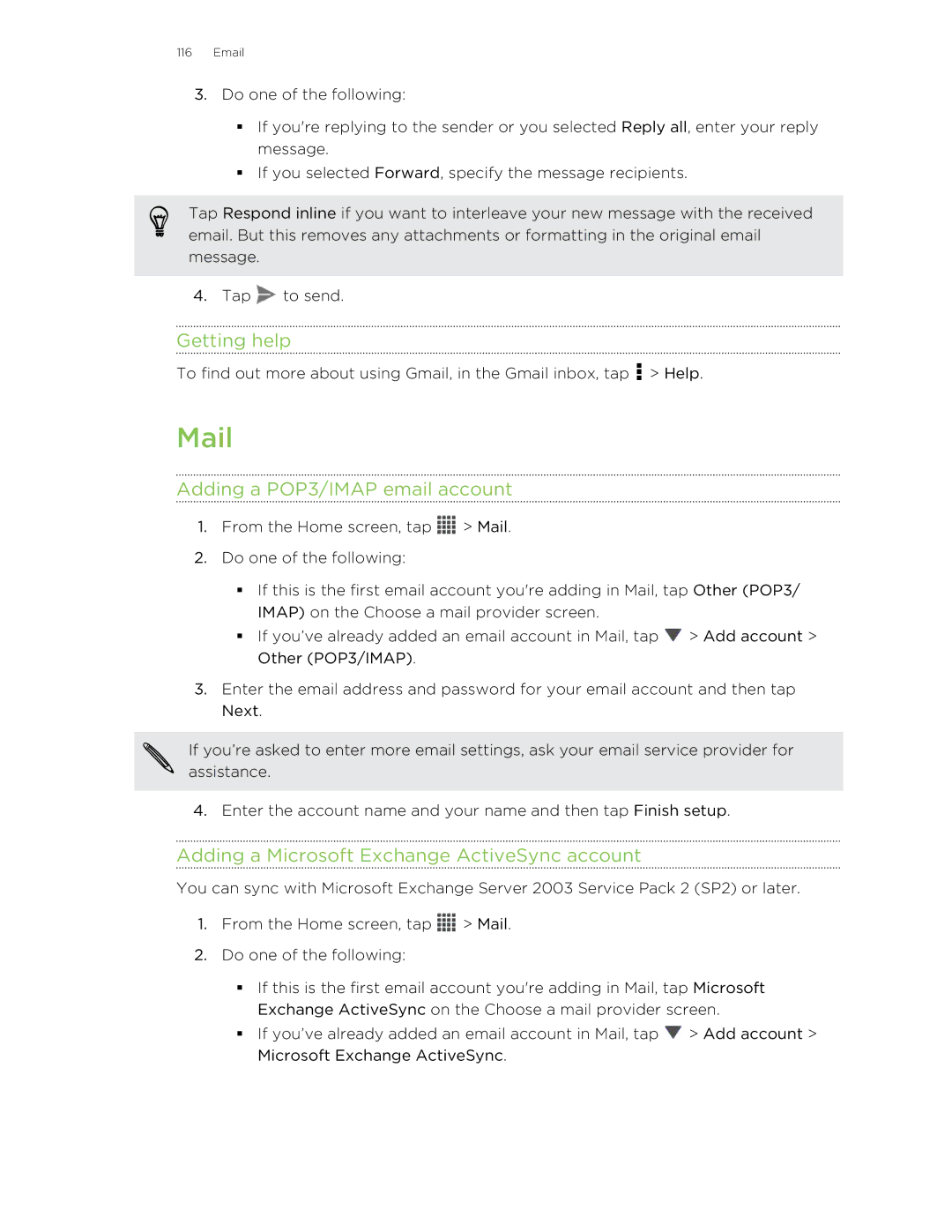 HTC X+ manual Mail, Getting help, Adding a POP3/IMAP email account, Adding a Microsoft Exchange ActiveSync account 