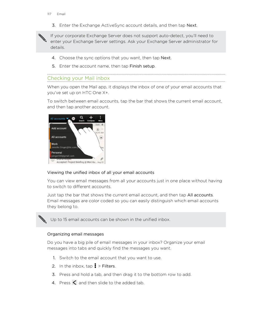 HTC X+ manual Checking your Mail inbox 