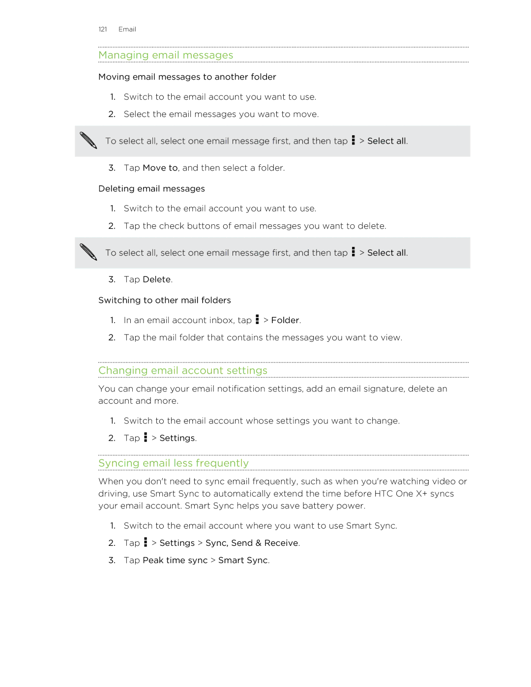 HTC X+ manual Managing email messages, Changing email account settings, Syncing email less frequently 