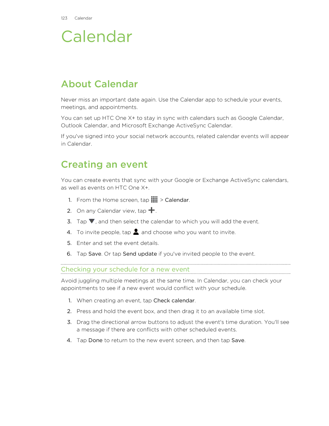 HTC X+ manual About Calendar, Creating an event, Checking your schedule for a new event 