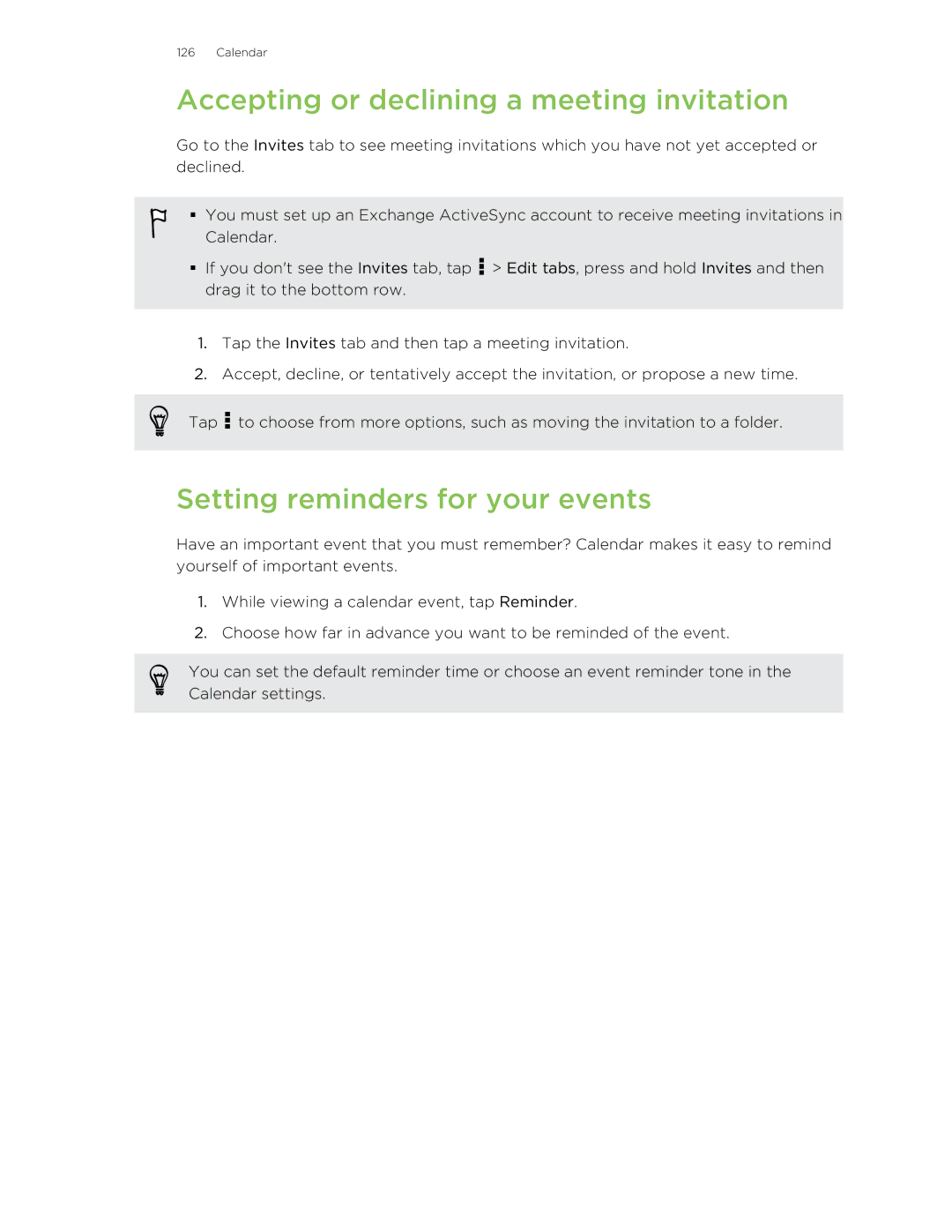 HTC X+ manual Accepting or declining a meeting invitation, Setting reminders for your events 