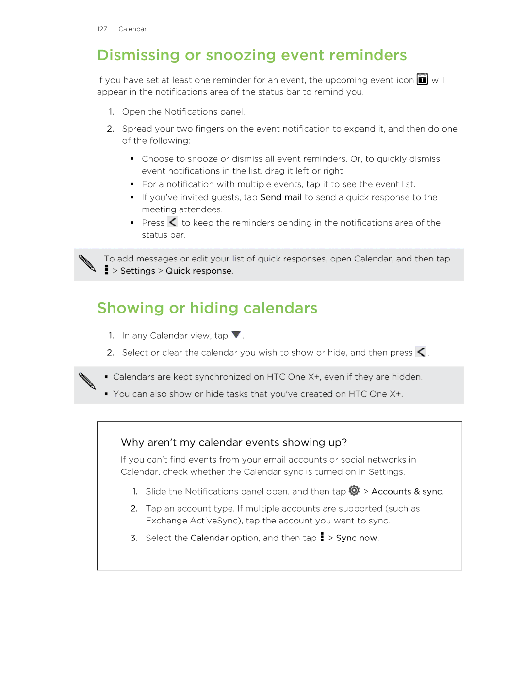 HTC X+ Dismissing or snoozing event reminders, Showing or hiding calendars, Why aren’t my calendar events showing up? 