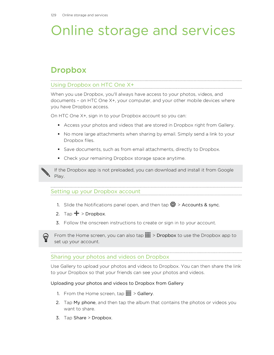 HTC manual Online storage and services, Using Dropbox on HTC One X+, Setting up your Dropbox account 