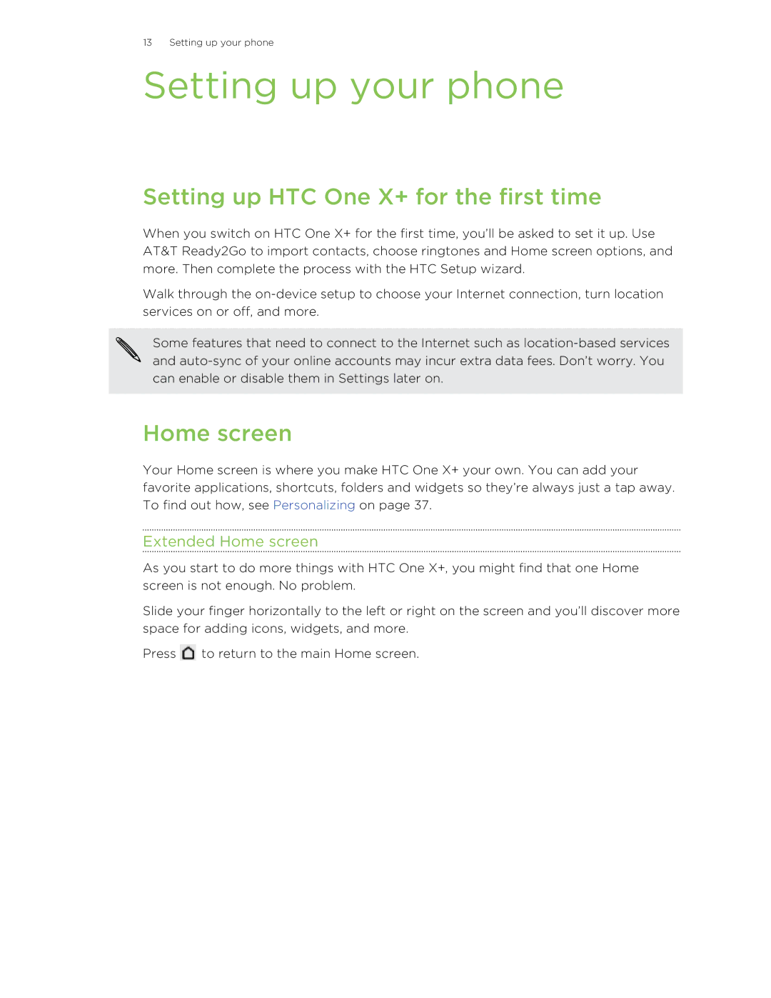 HTC manual Setting up your phone, Setting up HTC One X+ for the first time, Extended Home screen 