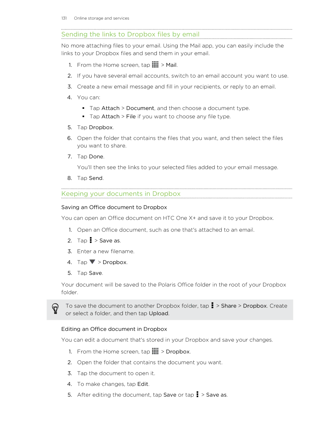 HTC X+ manual Sending the links to Dropbox files by email, Keeping your documents in Dropbox 