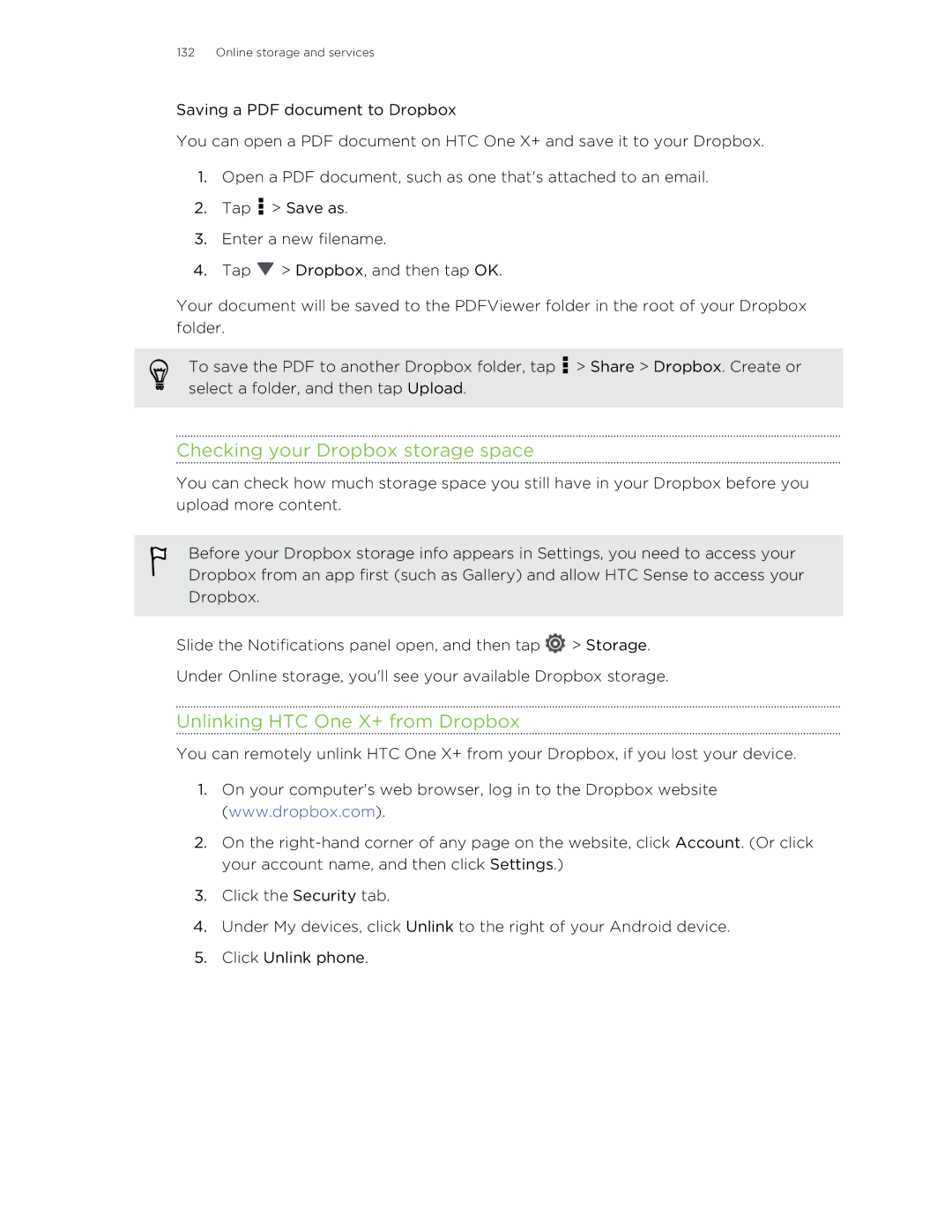 HTC manual Checking your Dropbox storage space, Unlinking HTC One X+ from Dropbox 