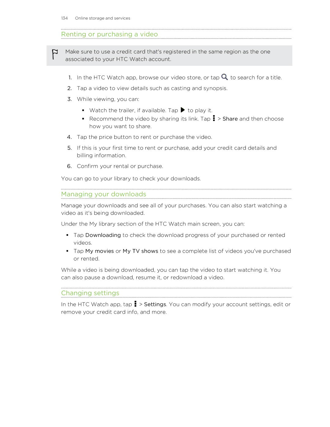 HTC X+ manual Renting or purchasing a video, Managing your downloads, Changing settings 