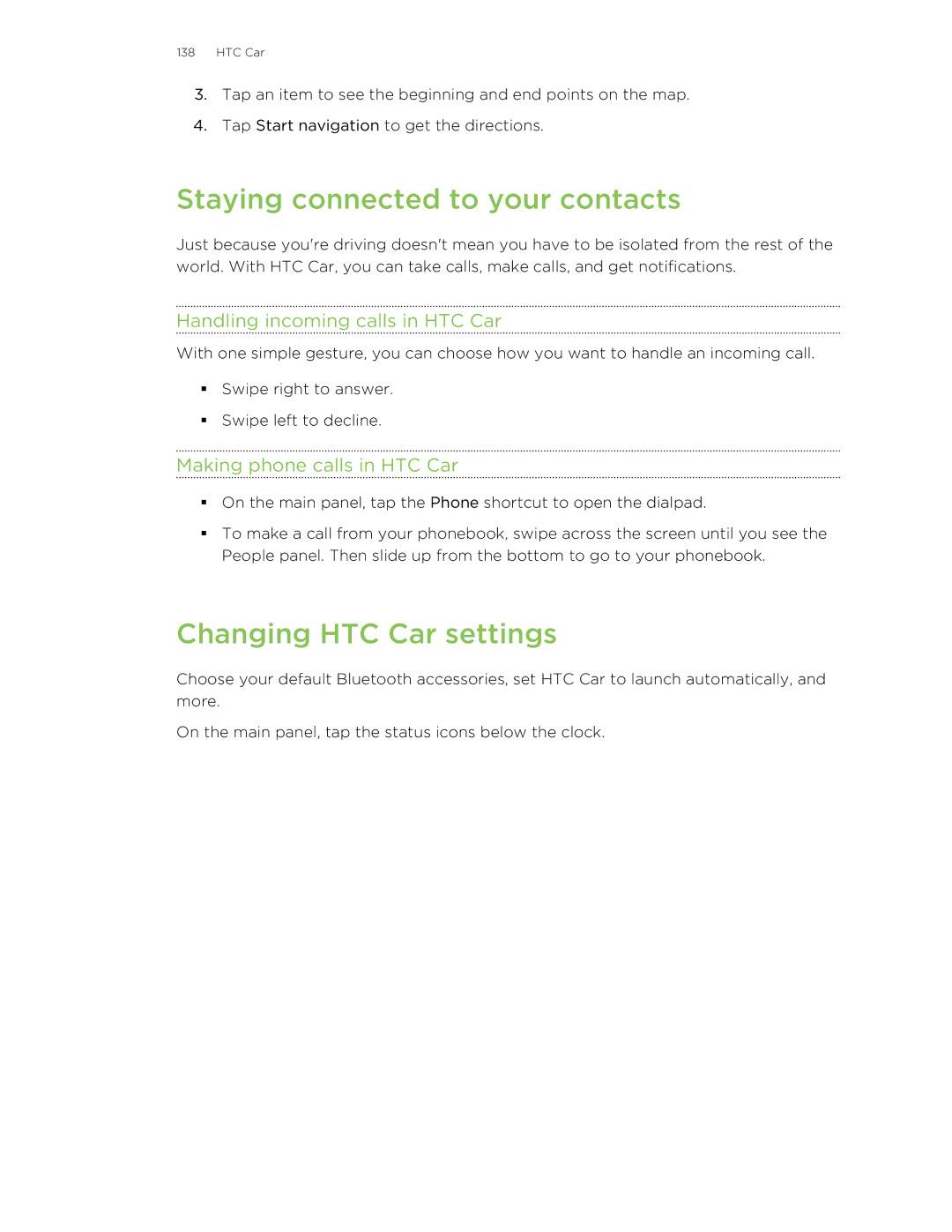 HTC X+ manual Staying connected to your contacts, Changing HTC Car settings, Handling incoming calls in HTC Car 