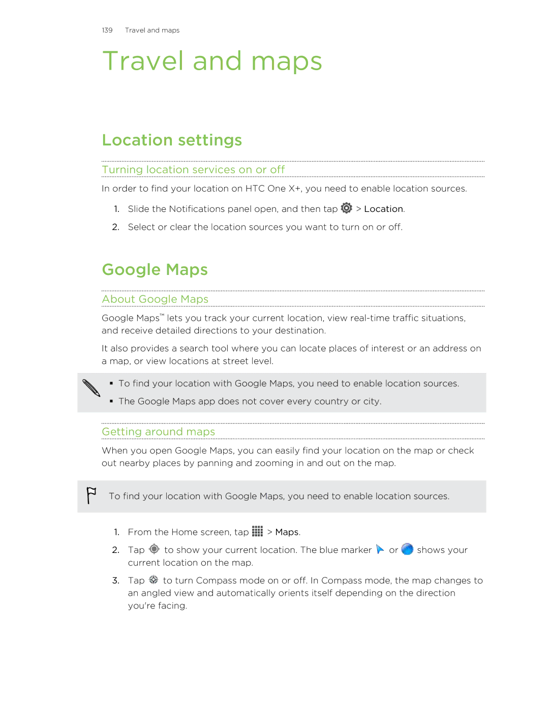 HTC X+ manual Travel and maps, Location settings, Google Maps 