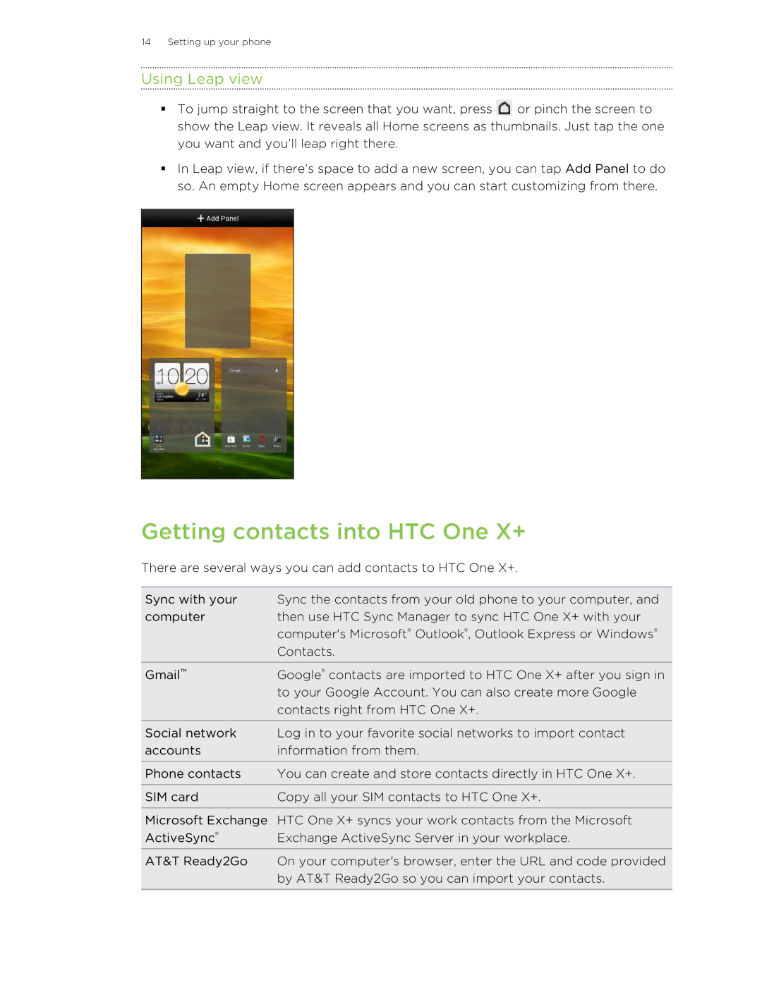 HTC manual Getting contacts into HTC One X+, Using Leap view 