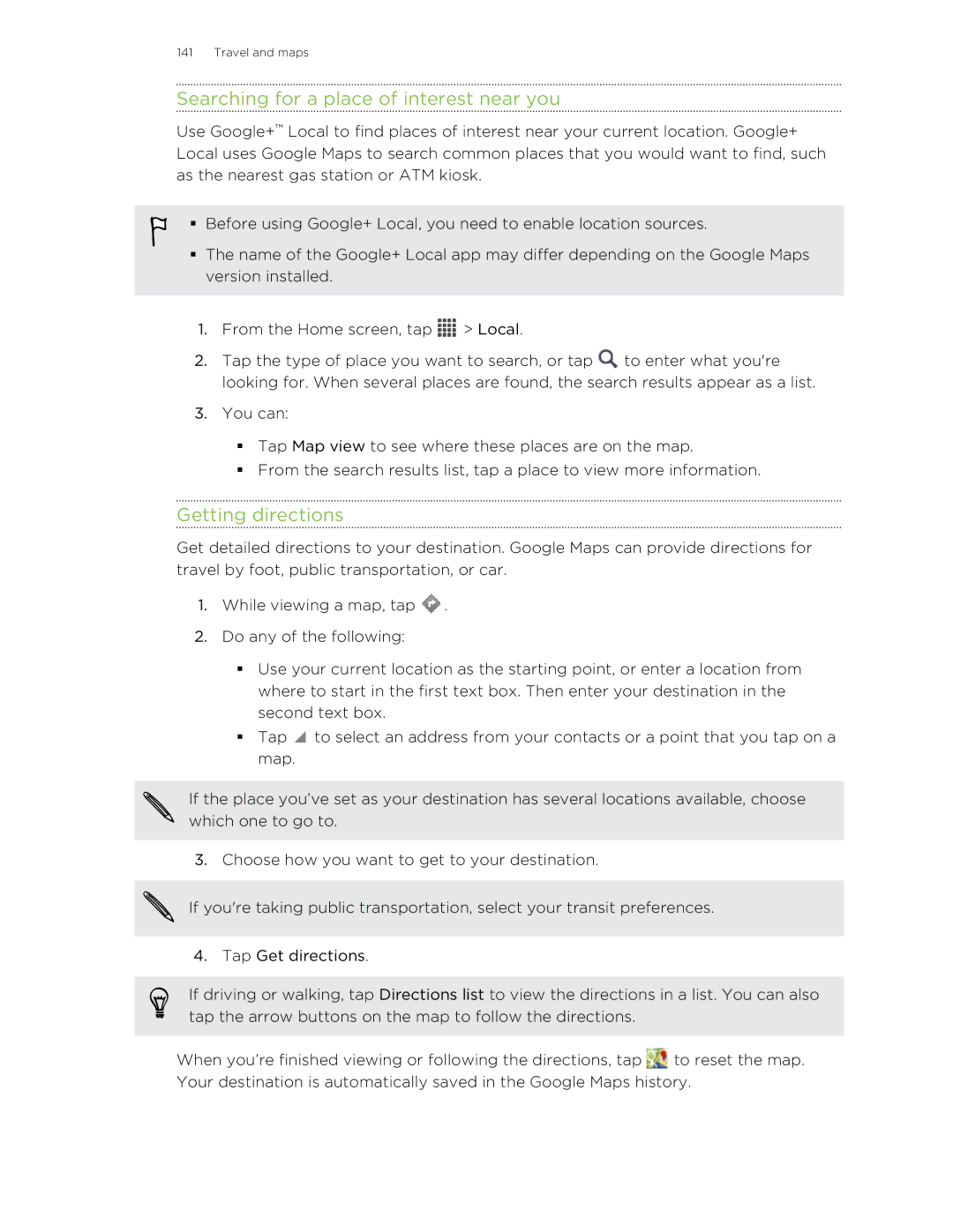 HTC X+ manual Searching for a place of interest near you, Getting directions 
