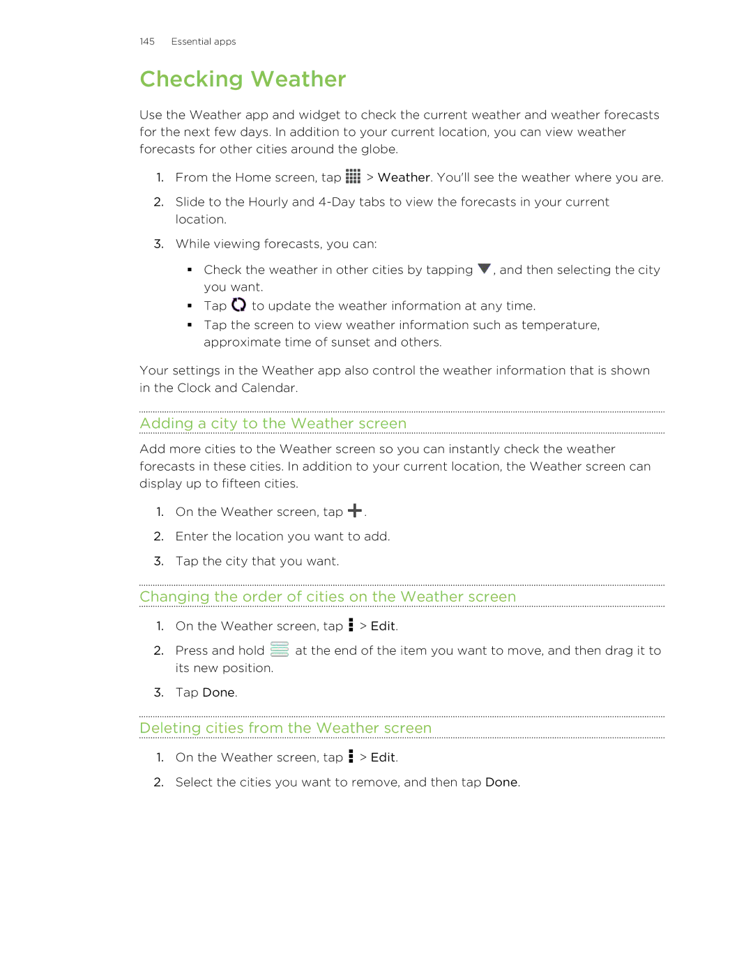 HTC X+ manual Checking Weather, Adding a city to the Weather screen, Changing the order of cities on the Weather screen 