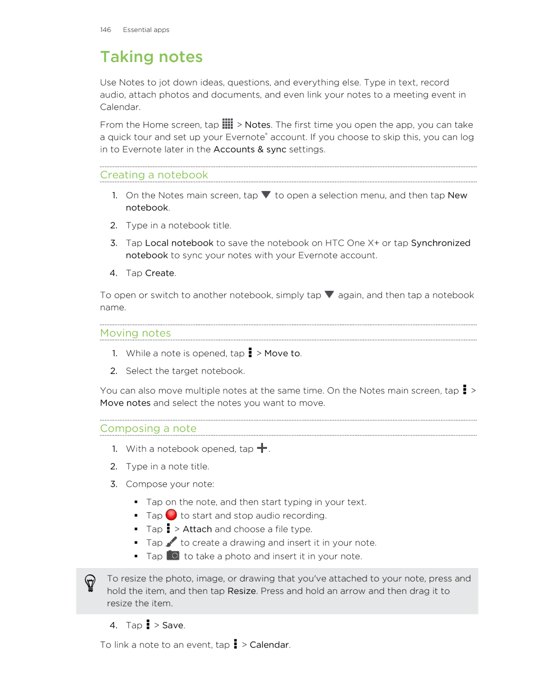 HTC X+ manual Taking notes, Creating a notebook, Moving notes, Composing a note 