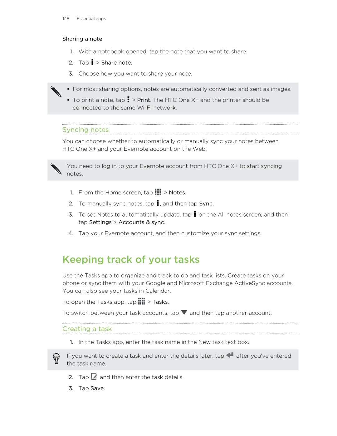 HTC X+ manual Keeping track of your tasks, Syncing notes, Creating a task 