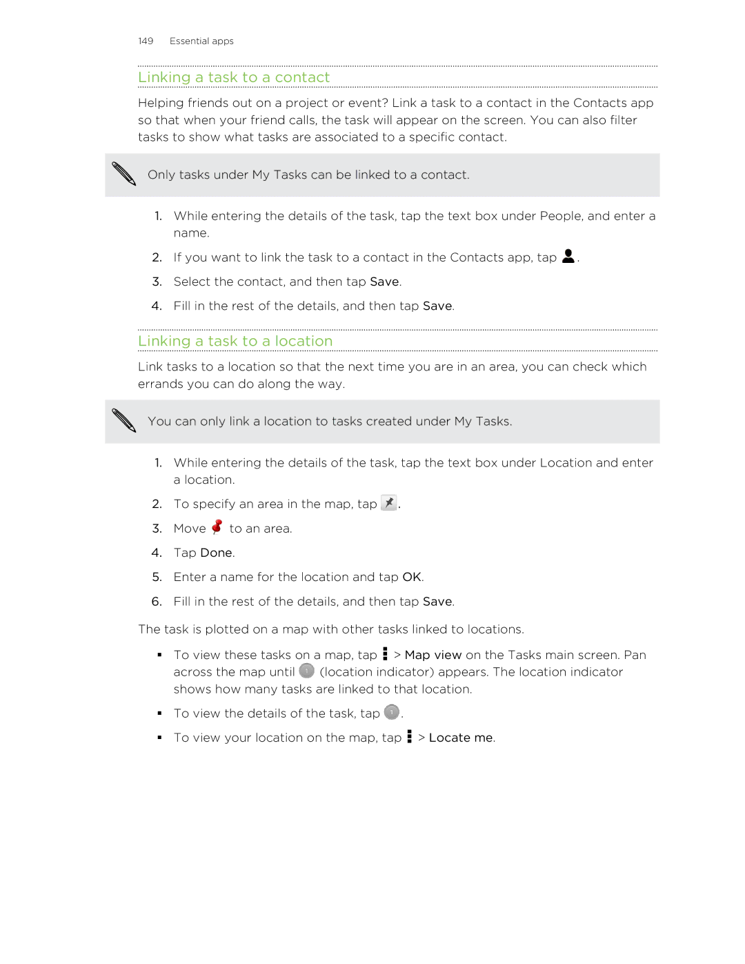 HTC X+ manual Linking a task to a contact, Linking a task to a location 