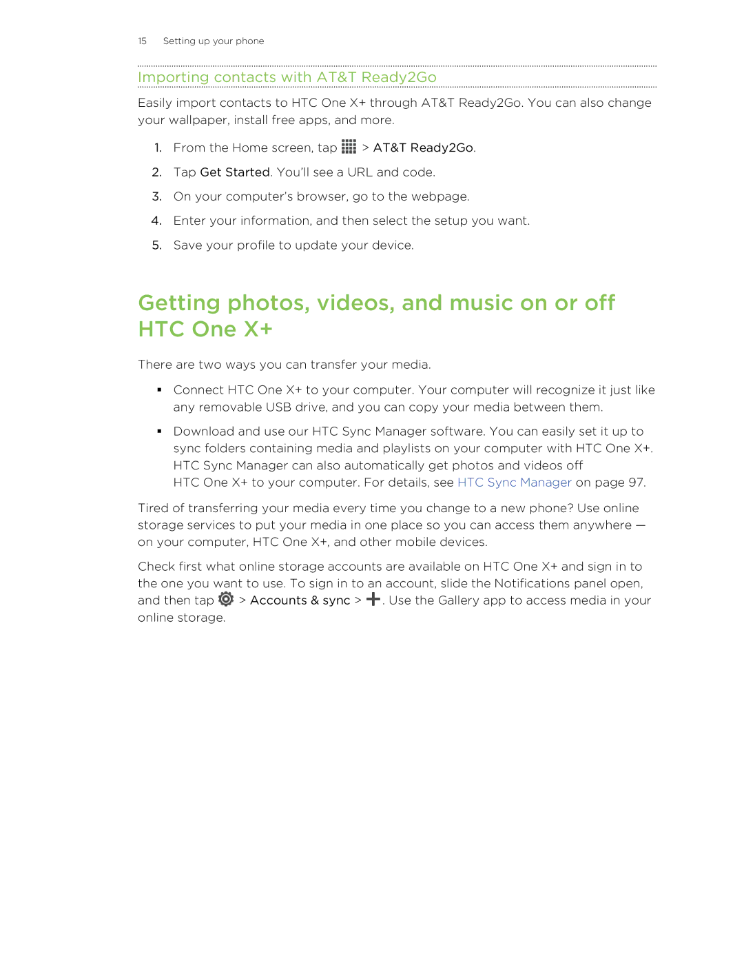 HTC manual Getting photos, videos, and music on or off HTC One X+, Importing contacts with AT&T Ready2Go 