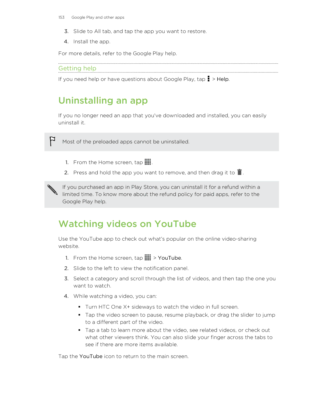 HTC X+ manual Uninstalling an app, Watching videos on YouTube 
