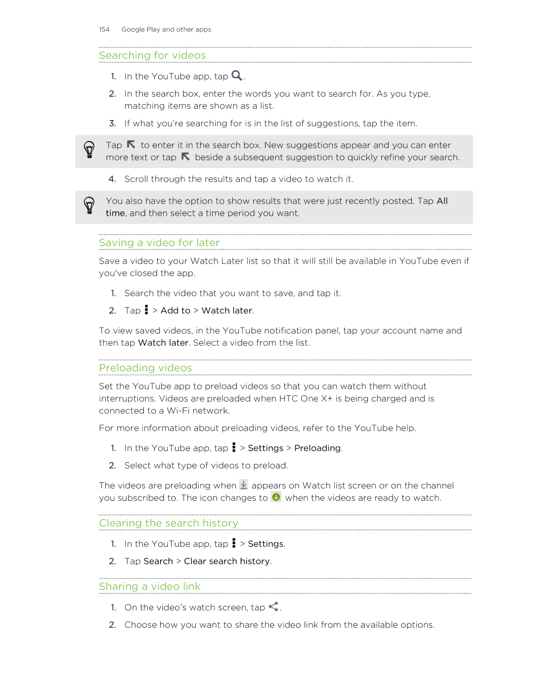 HTC X+ manual Searching for videos, Saving a video for later, Preloading videos, Clearing the search history 
