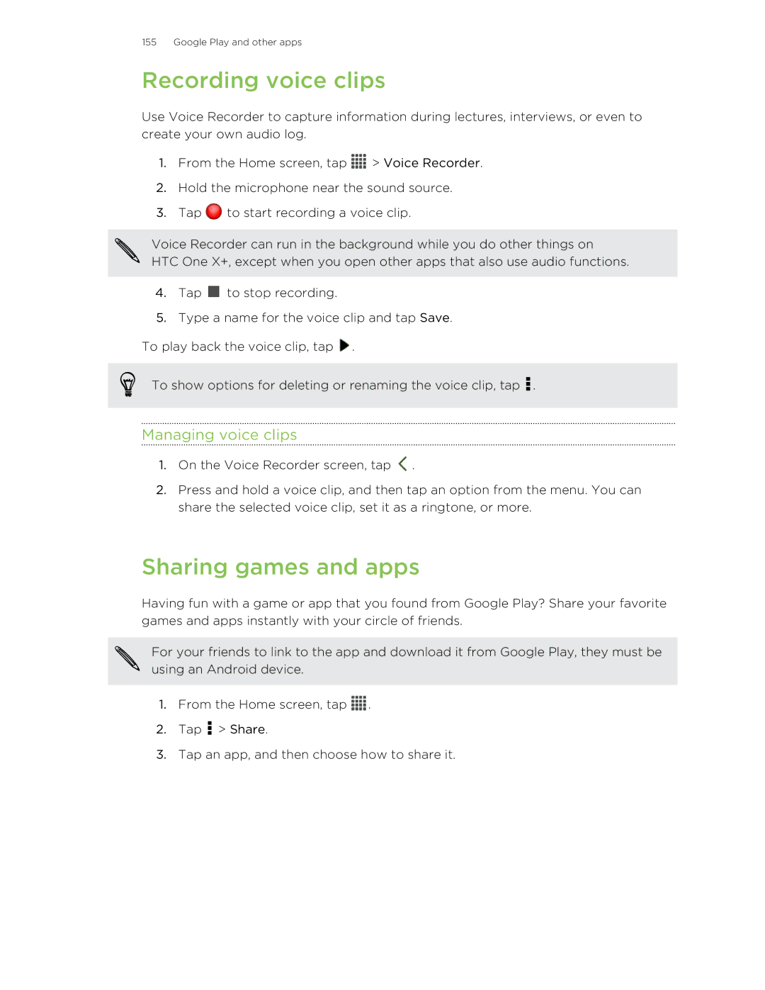 HTC X+ manual Recording voice clips, Sharing games and apps, Managing voice clips 