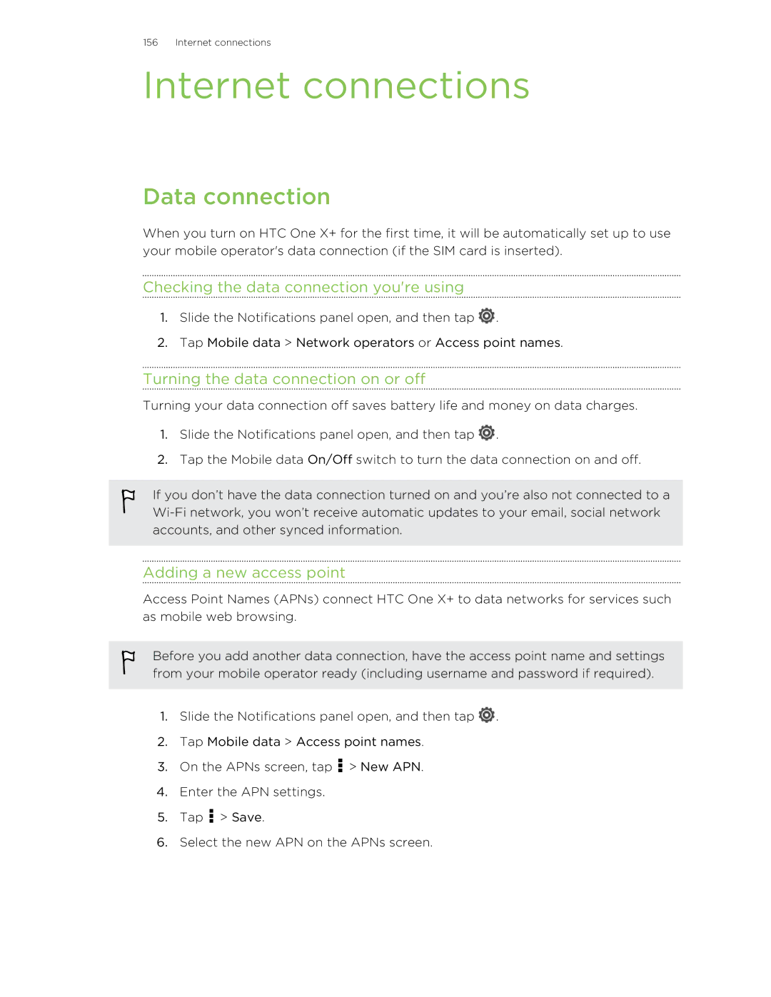 HTC X+ manual Internet connections, Data connection, Checking the data connection youre using, Adding a new access point 