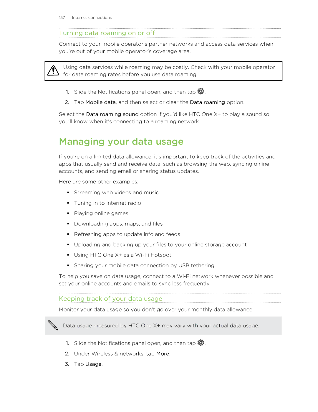 HTC X+ manual Managing your data usage, Turning data roaming on or off, Keeping track of your data usage 