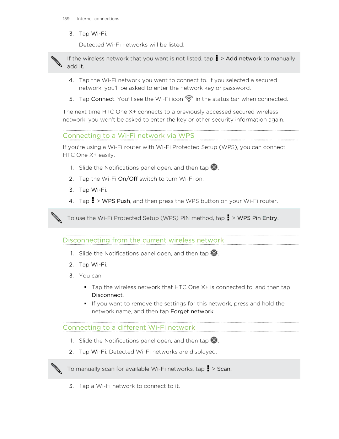 HTC X+ manual Connecting to a Wi-Fi network via WPS, Disconnecting from the current wireless network 