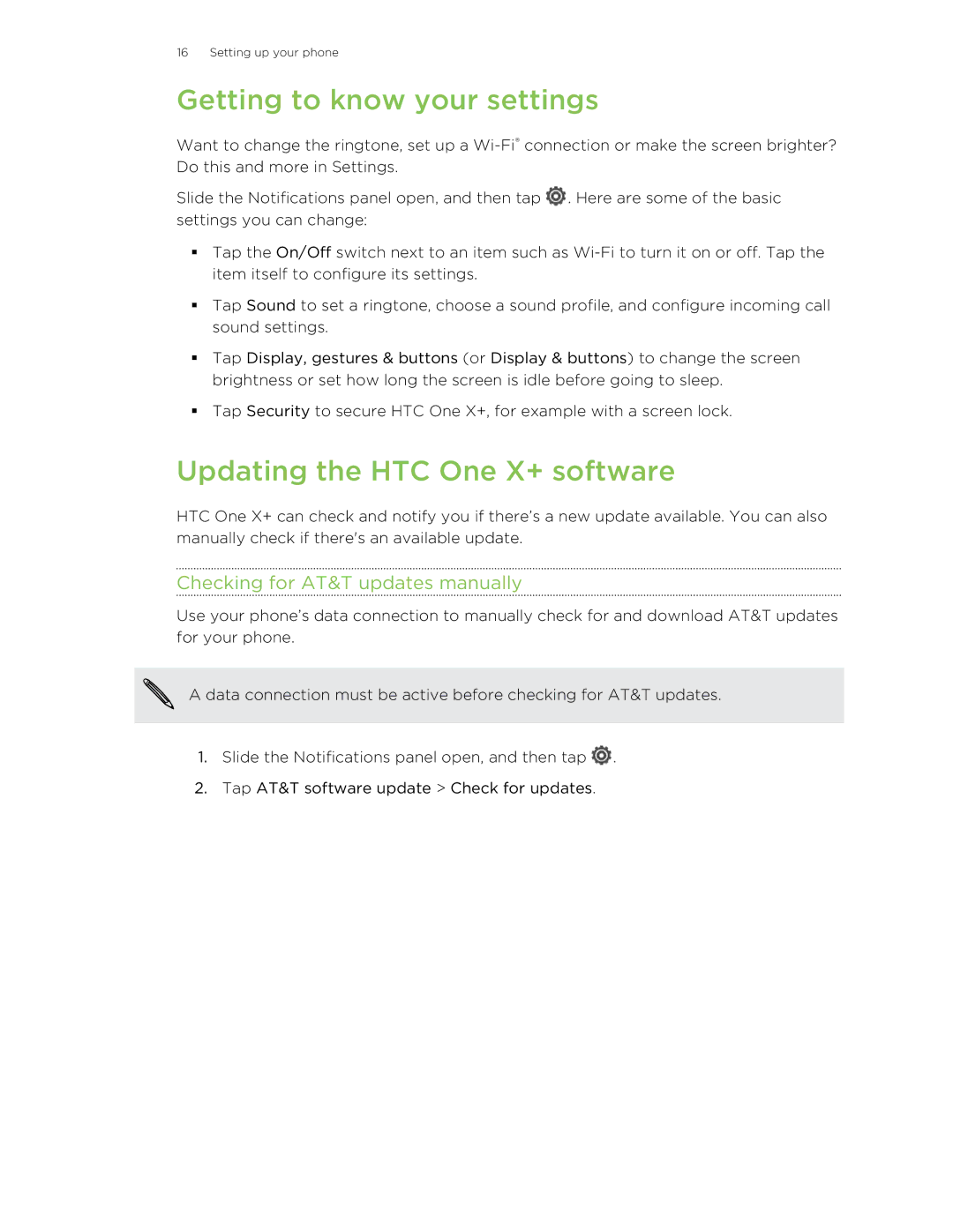 HTC Getting to know your settings, Updating the HTC One X+ software, Checking for AT&T updates manually 