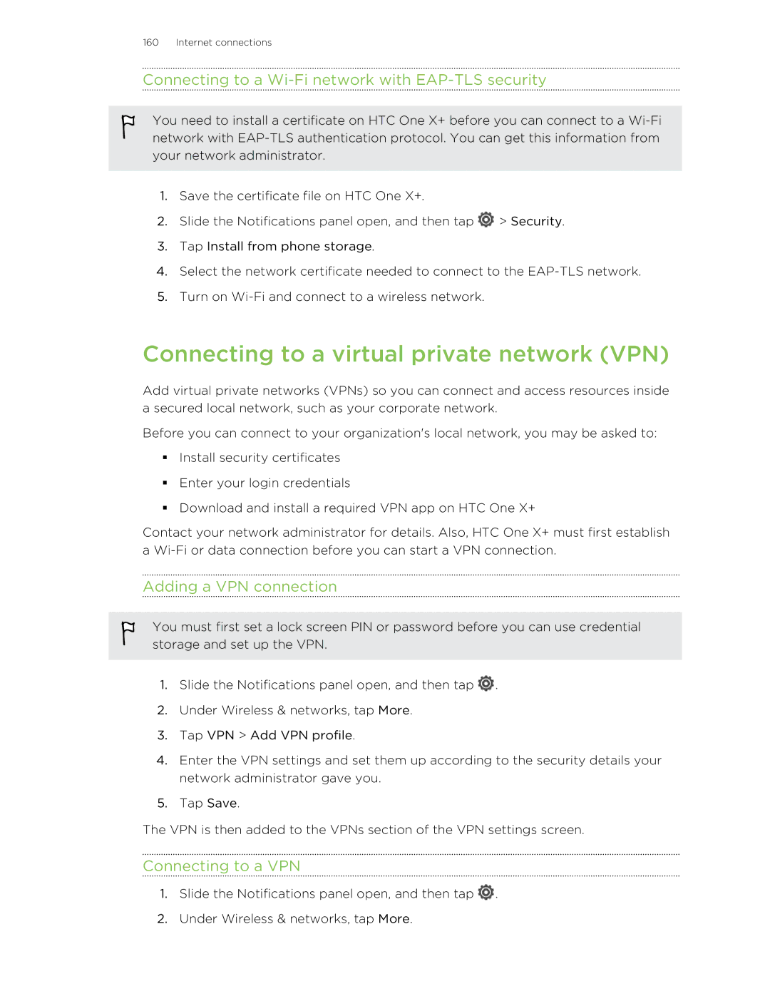 HTC X+ manual Connecting to a virtual private network VPN, Connecting to a Wi-Fi network with EAP-TLS security 