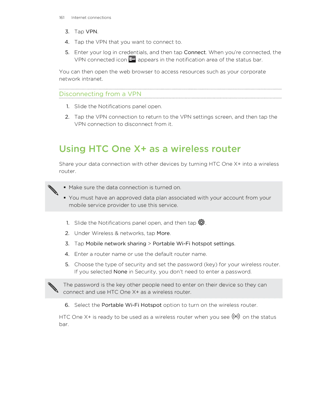 HTC manual Using HTC One X+ as a wireless router, Disconnecting from a VPN 