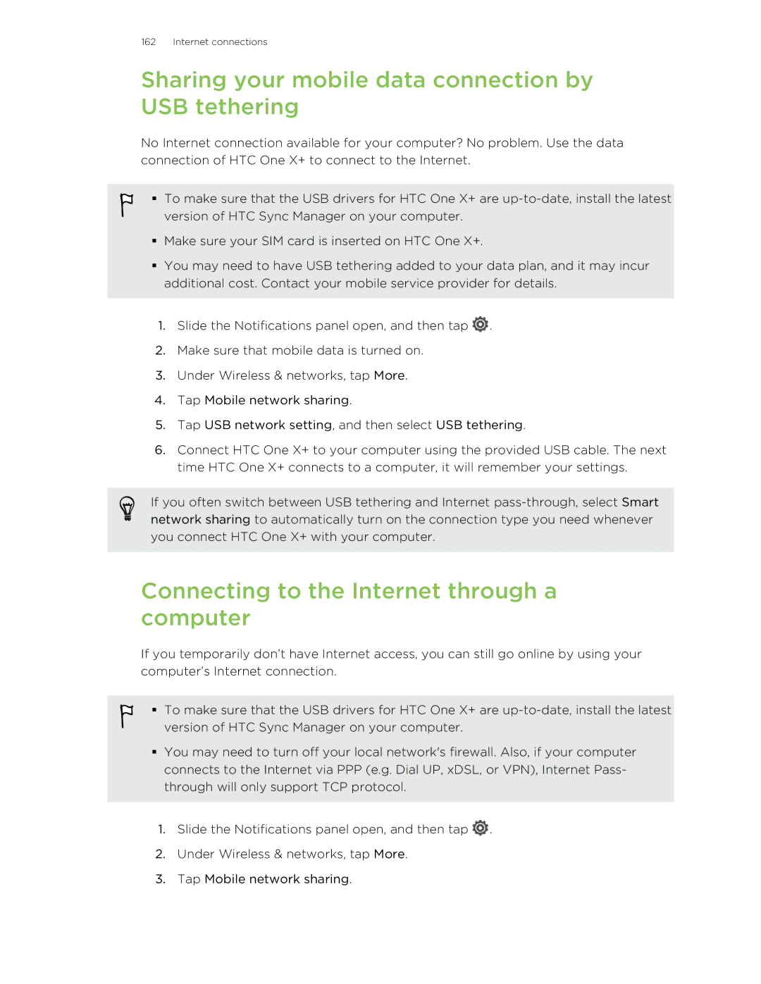 HTC X+ manual Sharing your mobile data connection by USB tethering, Connecting to the Internet through a computer 