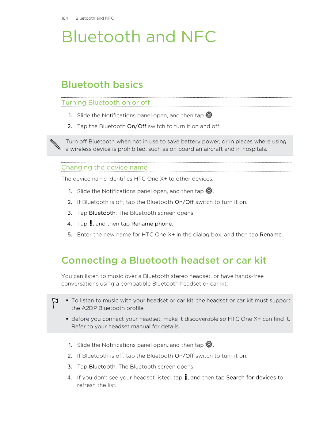 HTC X+ manual Bluetooth and NFC, Bluetooth basics, Connecting a Bluetooth headset or car kit, Turning Bluetooth on or off 